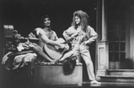 Actors Bernadette Peters and Martin Short (naked while playing guitar) in a scene from the Broadway production of the musical "The Goodbye Girl".