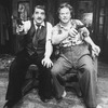 (L-R) Actors Jerry Mayer and Frederick Neumann pointing guns in a scene from the NY Shakespeare Festival production of the play "Goose And Tom Tom".