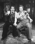 (L-R) Actors Jerry Mayer and Frederick Neumann pointing guns in a scene from the NY Shakespeare Festival production of the play "Goose And Tom Tom".