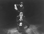 (T-B) Kevin Kline as Hamlet about to stab Brian Murray as Claudius in a scene from the NY Shakespeare Festival production of the play "Hamlet".
