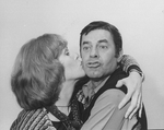Actress Lynn Redgrave kissing a mugging Jerry Lewis in a promo shot for the pre-Broadway tour of the musical revue "Hellzapoppin".