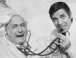 (L-R) Comics Joey Faye and Jerry Lewis in a scene from the pre-Broadway tour of the musical revue "Hellzapoppin".