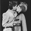 Actors Kevin Kline and Mary Elizabeth Mastrantonio about to kiss in a scene from the NY Shakespeare Festival Central Park production of the play "Henry V"