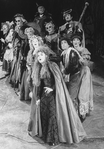 (L-R) Barbara Bryne, Lauren Mitchell, Joy Franz, Danielle Ferland, Bernadette Peters, Edmund Lyndeck, Kay McClelland, Chip Zien, Philip Hoffman and Joanna Gleason in a scene from the Broadway production of the musical "Into The Woods.".