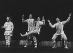 (L-R) Jason Alexander, Michael Kubala, Joey McNeely and Scott Wise performing "Comedy Tonight" from the musical "A Funny Thing Happened On The Way To The Forum" in a scene from the Broadway production of the musical "Jerome Robbins' Broadway".