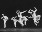 Scott Wise (L), Michael Kubala (R) and Robert La Fosse (C) with other sailors performing "New York, New York" from the musical "On The Town" in a scene from the Broadway production of the musical "Jerome Robbins' Broadway".