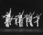 Scott Wise (L), Michael Kubala (2R) and Robert La Fosse (C) with other sailors performing "New York, New York" from the musical "On The Town" in a scene from the Broadway production of the musical "Jerome Robbins' Broadway".