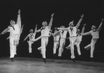 Scott Wise (L), Michael Kubala (2R) and Robert La Fosse (C) with other sailors performing "New York, New York" from the musical "On The Town" in a scene from the Broadway production of the musical "Jerome Robbins' Broadway".