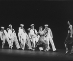 Scott Wise (4R), Michael Kubala (5L) and Robert La Fosse (3L) with other sailors performing "New York, New York" from the musical "On The Town" in a scene from the Broadway production of the musical "Jerome Robbins' Broadway".