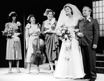 (R-L) Bill McCutcheon, Joan Allen, Patricia Falkenhain, Kathryn Grody and Mercedes Ruehl in a scene from the NY Shakespeare Festival production of the play "The Marriage Of Bette And Boo"