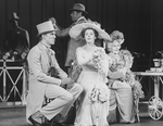 (L-R) Nicholas Wyman, Rex Harrison, Cheryl Kennedy and Cathleen Nesbitt in a scene from the Broadway revival of the musical "My Fair Lady".