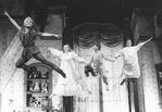 Cathy Rigby (L) flying in a scene from the Broadway revival of the musical "Peter Pan".