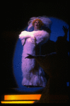 George Hearn in drag in a white costume w. a feather boa in a scene from the Broadway musical "La Cage Aux Folles." (New York)