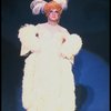 George Hearn in drag in a white costume w. a feather boa in a scene from the Broadway musical "La Cage Aux Folles." (New York)