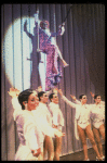 George Hearn (C, in a purple gown) on a swing in a scene from the Broadway musical "La Cage Aux Folles." (New York)