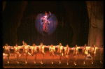 George Hearn (C, in a purple gown) on a swing in a scene from the Broadway musical "La Cage Aux Folles." (New York)