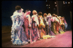 Male dancers in drag wearing hyper-ruffled costumes in a scene from the Broadway musical "La Cage Aux Folles." (New York)