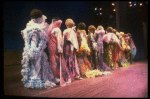 Male dancers in drag wearing hyper-ruffled costumes in a scene from the Broadway musical "La Cage Aux Folles." (New York)