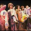 Male dancers in drag wearing hyper-ruffled costumes in a scene from the Broadway musical "La Cage Aux Folles." (New York)