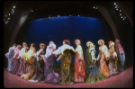 Male dancers in drag wearing hyper-ruffled costumes in a scene from the Broadway musical "La Cage Aux Folles." (New York)