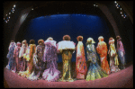 Male dancers in drag wearing hyper-ruffled costumes in a scene from the Broadway musical "La Cage Aux Folles." (New York)