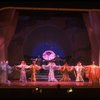 Male dancers in drag wearing hyper-ruffled costumes in a scene from the Broadway musical "La Cage Aux Folles." (New York)