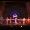 Male dancers in drag wearing hyper-ruffled costumes in a scene from the Broadway musical "La Cage Aux Folles." (New York)