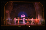 Male dancers in drag wearing hyper-ruffled costumes in a scene from the Broadway musical "La Cage Aux Folles." (New York)