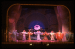 Male dancers in drag wearing hyper-ruffled costumes in a scene from the Broadway musical "La Cage Aux Folles." (New York)