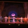 Male dancers in drag wearing hyper-ruffled costumes in a scene from the Broadway musical "La Cage Aux Folles." (New York)