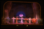 Male dancers in drag wearing hyper-ruffled costumes in a scene from the Broadway musical "La Cage Aux Folles." (New York)