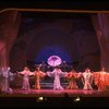 Male dancers in drag wearing hyper-ruffled costumes in a scene from the Broadway musical "La Cage Aux Folles." (New York)