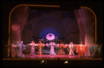 Male dancers in drag wearing hyper-ruffled costumes in a scene from the Broadway musical "La Cage Aux Folles." (New York)
