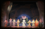 Male dancers in drag wearing hyper-ruffled costumes in a scene from the Broadway musical "La Cage Aux Folles." (New York)