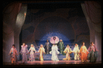 Male dancers in drag wearing hyper-ruffled costumes in a scene from the Broadway musical "La Cage Aux Folles." (New York)