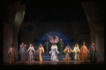 Male dancers in drag wearing hyper-ruffled costumes in a scene from the Broadway musical "La Cage Aux Folles." (New York)