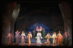 Male dancers in drag wearing hyper-ruffled costumes in a scene from the Broadway musical "La Cage Aux Folles." (New York)