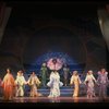 Male dancers in drag wearing hyper-ruffled costumes in a scene from the Broadway musical "La Cage Aux Folles." (New York)