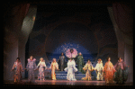 Male dancers in drag wearing hyper-ruffled costumes in a scene from the Broadway musical "La Cage Aux Folles." (New York)