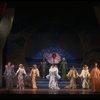 Male dancers in drag wearing hyper-ruffled costumes in a scene from the Broadway musical "La Cage Aux Folles." (New York)