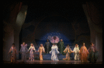 Male dancers in drag wearing hyper-ruffled costumes in a scene from the Broadway musical "La Cage Aux Folles." (New York)