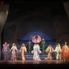 Male dancers in drag wearing hyper-ruffled costumes in a scene from the Broadway musical "La Cage Aux Folles." (New York)