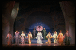 Male dancers in drag wearing hyper-ruffled costumes in a scene from the Broadway musical "La Cage Aux Folles." (New York)