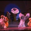 Male dancers in drag wearing hyper-ruffled costumes in a scene from the Broadway musical "La Cage Aux Folles." (New York)