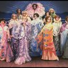 Male dancers in drag wearing hyper-ruffled costumes in a scene from the Broadway musical "La Cage Aux Folles." (New York)