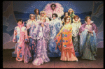 Male dancers in drag wearing hyper-ruffled costumes in a scene from the Broadway musical "La Cage Aux Folles." (New York)