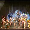 Male dancers in drag wearing bird-style costumes in a scene from the Broadway musical "La Cage Aux Folles." (New York)