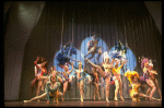 Male dancers in drag wearing bird-style costumes in a scene from the Broadway musical "La Cage Aux Folles." (New York)