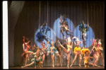 Male dancers in drag wearing bird-style costumes in a scene from the Broadway musical "La Cage Aux Folles." (New York)