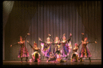 Male dancers in drag wearing Folies Bergere costumes in a scene from the Broadway musical "La Cage Aux Folles." (New York)